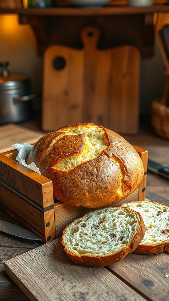 A loaf of homemade bread in a wooden bread box with slices cut, set in a cozy kitchen.